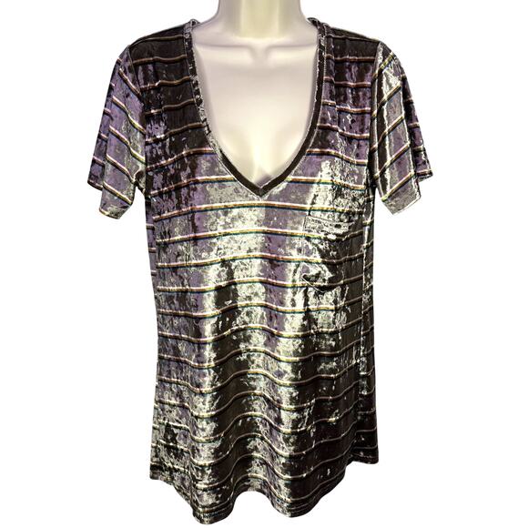 POL Green Striped Velvet Short Sleeve V-Neck Retro Pocket Tee Size Small - Picture 1 of 8